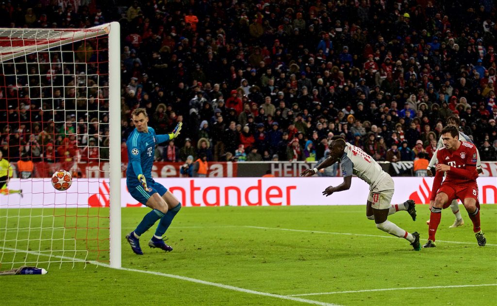 MUNICH, GERMANY - Wednesday, March 13, 2019: Liverpool's Sadio Mane scores the third goal during the UEFA Champions League Round of 16 2nd Leg match between FC Bayern München and Liverpool FC at the Allianz Arena. (Pic by David Rawcliffe/Propaganda)