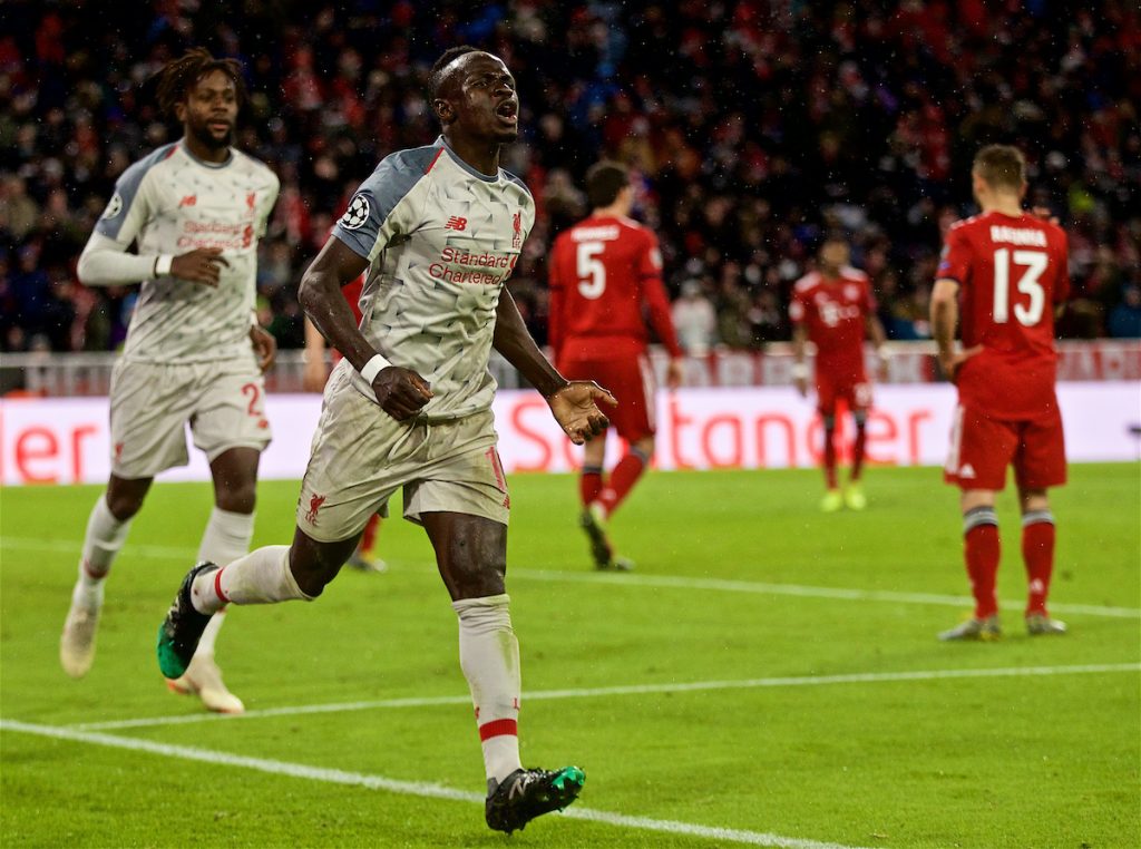 MUNICH, GERMANY - Wednesday, March 13, 2019: Liverpool's Sadio Mane celebrates scoring the third goal during the UEFA Champions League Round of 16 2nd Leg match between FC Bayern München and Liverpool FC at the Allianz Arena. (Pic by David Rawcliffe/Propaganda)