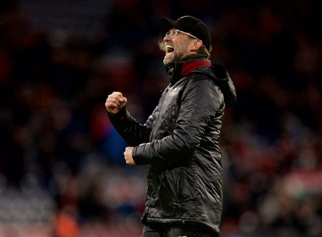 MUNICH, GERMANY - Wednesday, March 13, 2019: Liverpool's manager Jürgen Klopp celebrates 3-1 victory over FC Bayern Munich after the UEFA Champions League Round of 16 2nd Leg match between FC Bayern München and Liverpool FC at the Allianz Arena. (Pic by David Rawcliffe/Propaganda)