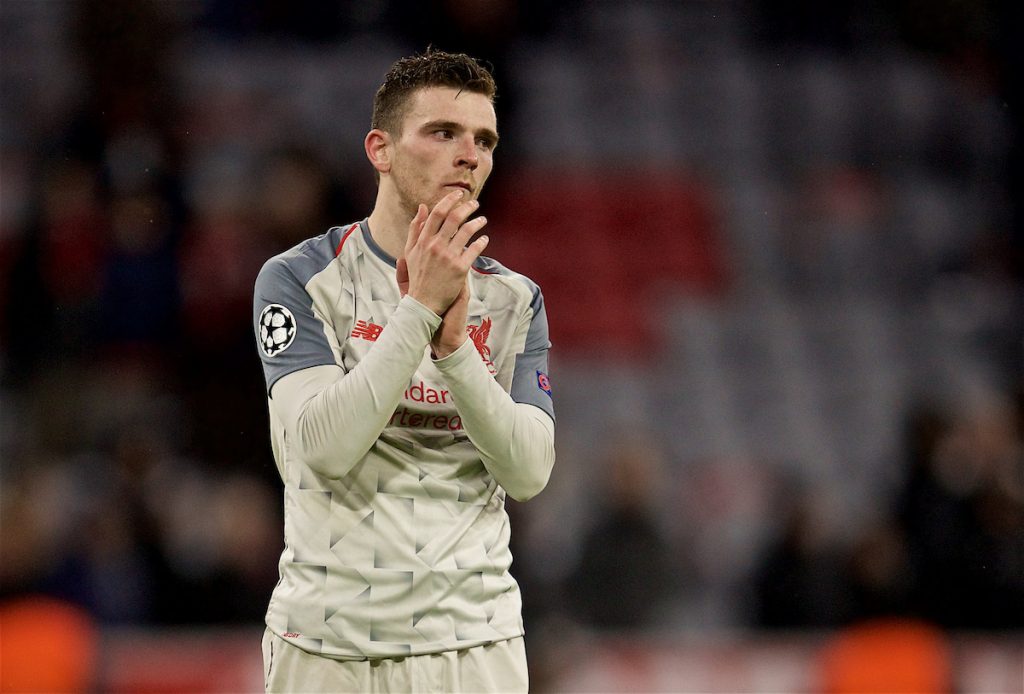 MUNICH, GERMANY - Wednesday, March 13, 2019: Liverpool's Andy Robertson looks dejected after the 3-1 victory, as he will miss the next game due to suspension, after the UEFA Champions League Round of 16 2nd Leg match between FC Bayern München and Liverpool FC at the Allianz Arena. (Pic by David Rawcliffe/Propaganda)