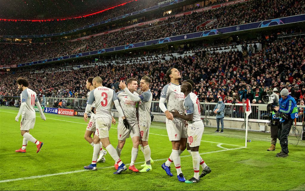 MUNICH, GERMANY - Wednesday, March 13, 2019: Liverpool's Virgil van Dijk celebrates scoring the third goal during the UEFA Champions League Round of 16 2nd Leg match between FC Bayern München and Liverpool FC at the Allianz Arena. (Pic by David Rawcliffe/Propaganda)
