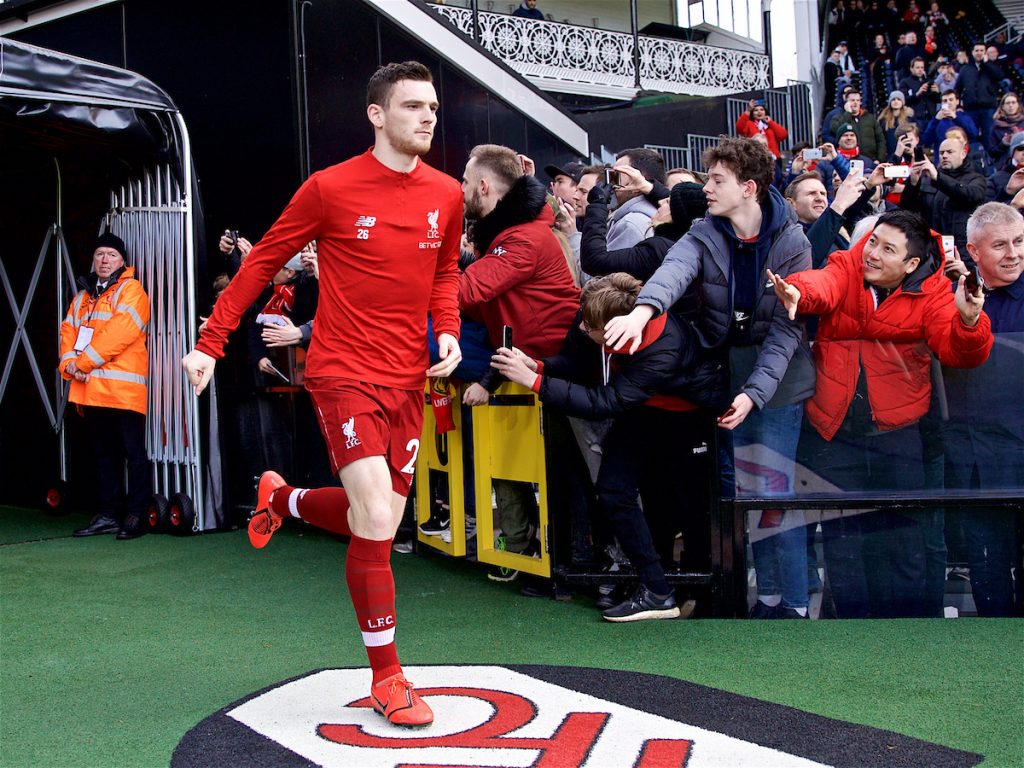 LONDON, ENGLAND - Sunday, March 17, 2019: Liverpool's Andy Robertson runs out for the the pre-match warm-up before the FA Premier League match between Fulham FC and Liverpool FC at Craven Cottage. (Pic by David Rawcliffe/Propaganda)