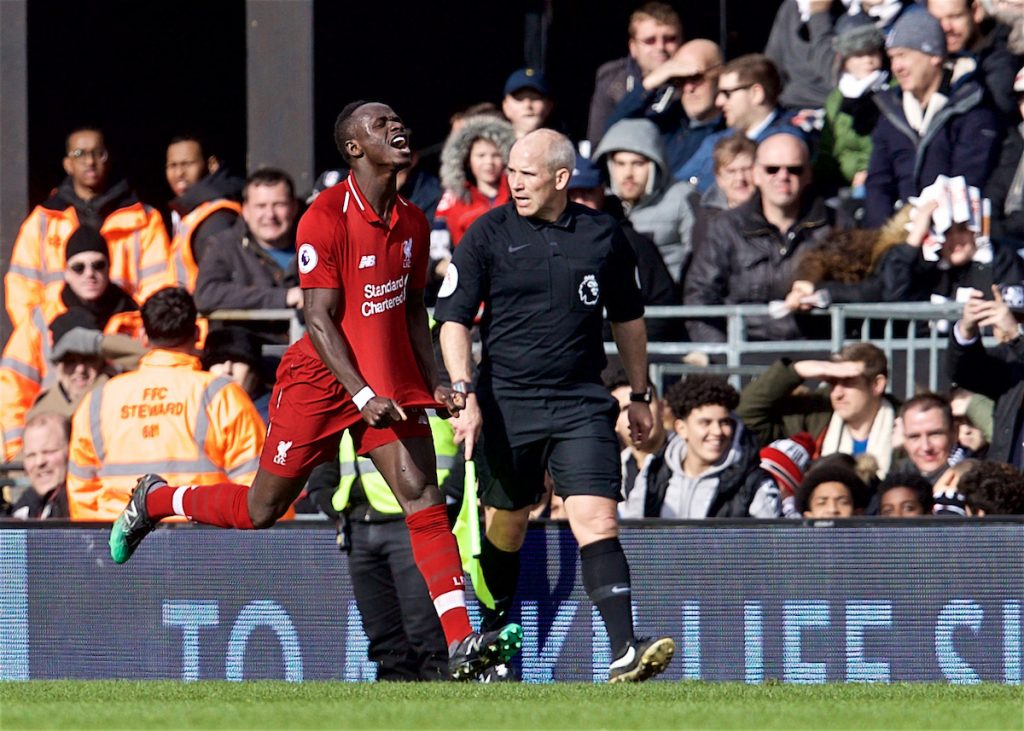 LONDON, ENGLAND - Sunday, March 17, 2019: Liverpool's Sadio Mane celebrates scoring the first goal during the FA Premier League match between Fulham FC and Liverpool FC at Craven Cottage. (Pic by David Rawcliffe/Propaganda)