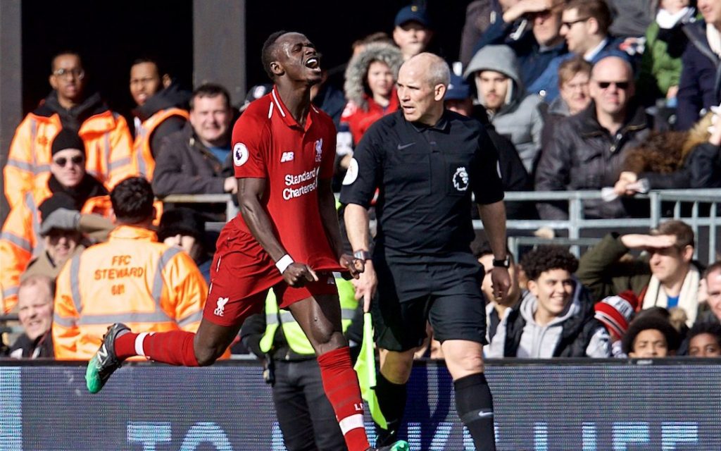 LONDON, ENGLAND - Sunday, March 17, 2019: Liverpool's Sadio Mane celebrates scoring the first goal during the FA Premier League match between Fulham FC and Liverpool FC at Craven Cottage. (Pic by David Rawcliffe/Propaganda)
