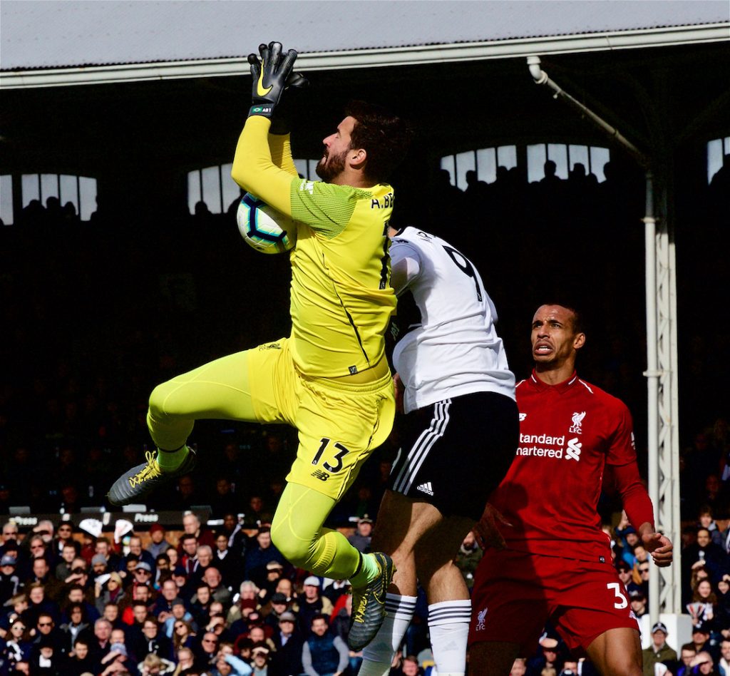 LONDON, ENGLAND - Sunday, March 17, 2019: Liverpool's goalkeeper Alisson Becker makes a save during the FA Premier League match between Fulham FC and Liverpool FC at Craven Cottage. (Pic by David Rawcliffe/Propaganda)