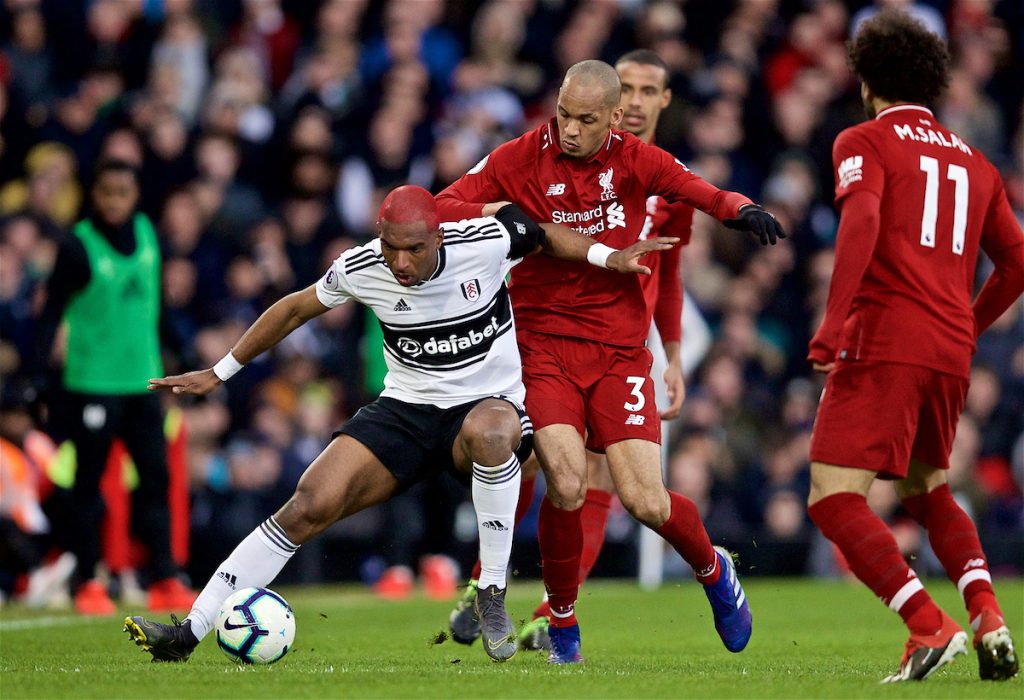 LONDON, ENGLAND - Sunday, March 17, 2019: Fulham's Ryan Babel (L) and Liverpool's Fabio Henrique Tavares 'Fabinho' (R) during the FA Premier League match between Fulham FC and Liverpool FC at Craven Cottage. (Pic by David Rawcliffe/Propaganda)