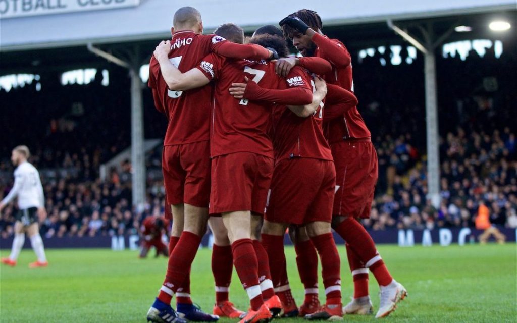 LONDON, ENGLAND - Sunday, March 17, 2019: Liverpool's captain James Milner celebrates scoring the second goal from a penalty kick with team-mates during the FA Premier League match between Fulham FC and Liverpool FC at Craven Cottage. (Pic by David Rawcliffe/Propaganda)
