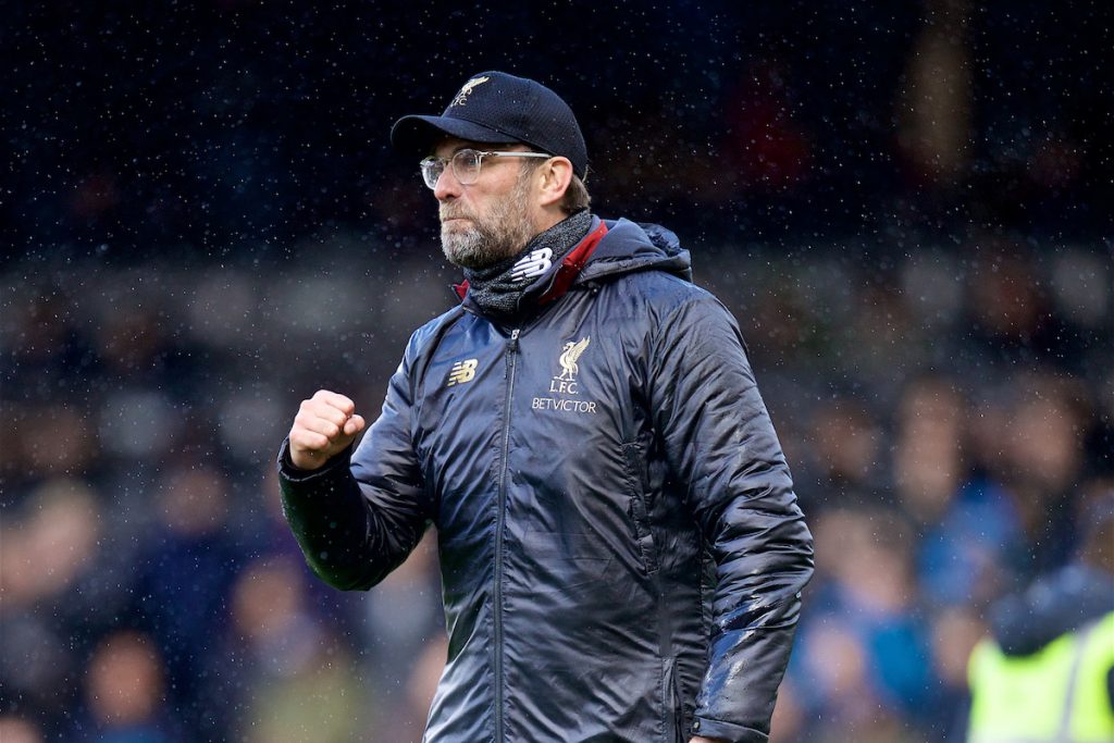 LONDON, ENGLAND - Sunday, March 17, 2019: Liverpool's manager J¸rgen Klopp celebrates 2-1 victory over Fulham after the FA Premier League match between Fulham FC and Liverpool FC at Craven Cottage. (Pic by David Rawcliffe/Propaganda)