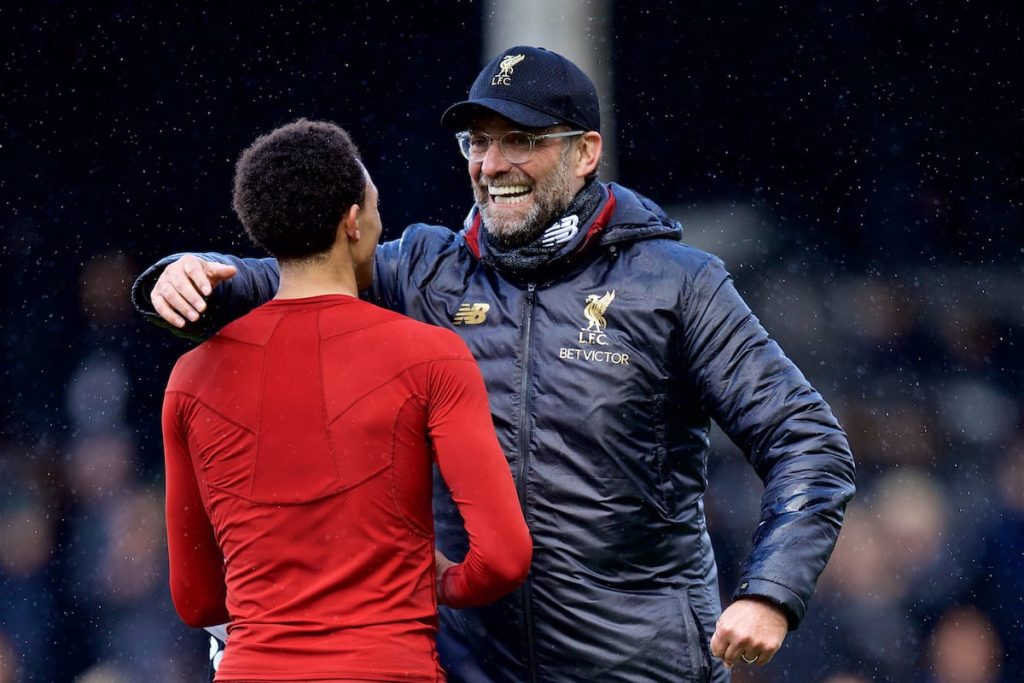 LONDON, ENGLAND - Sunday, March 17, 2019: Liverpool's manager J¸rgen Klopp embraces Trent Alexander-Arnold after the FA Premier League match between Fulham FC and Liverpool FC at Craven Cottage. (Pic by David Rawcliffe/Propaganda)