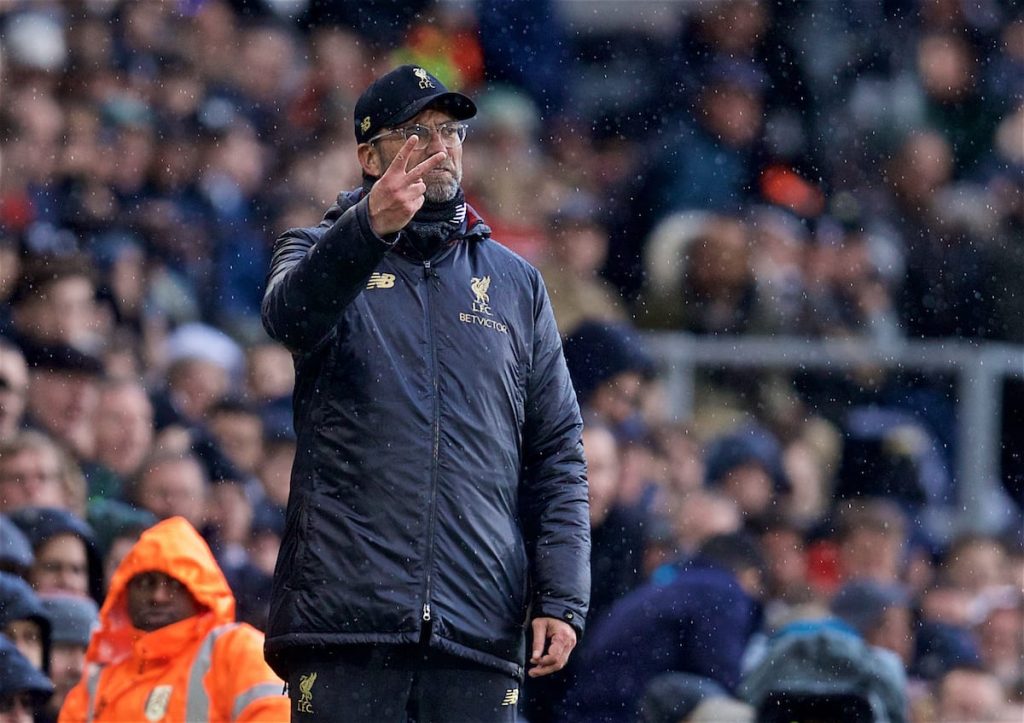 LONDON, ENGLAND - Sunday, March 17, 2019: Liverpool's manager Jürgen Klopp reacts during the FA Premier League match between Fulham FC and Liverpool FC at Craven Cottage. (Pic by David Rawcliffe/Propaganda)