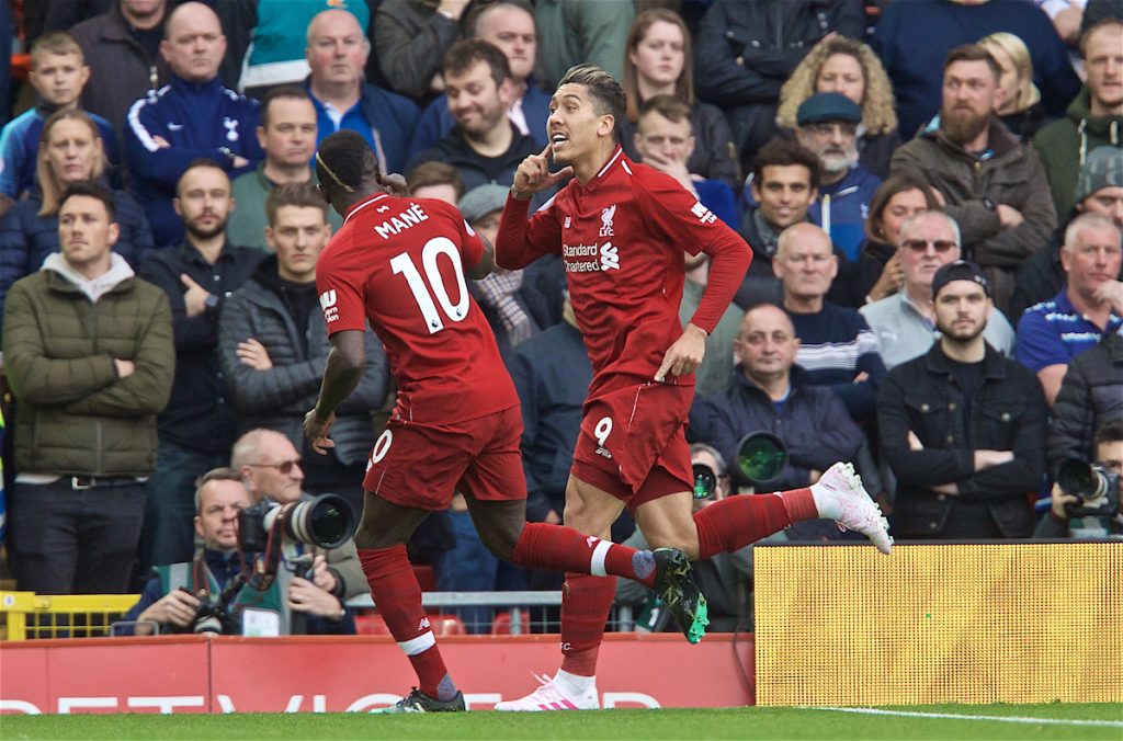 LIVERPOOL, ENGLAND - Sunday, March 31, 2019: Liverpool's Roberto Firmino celebrates scoring the first goal during the FA Premier League match between Liverpool FC and Tottenham Hotspur FC at Anfield. (Pic by David Rawcliffe/Propaganda)