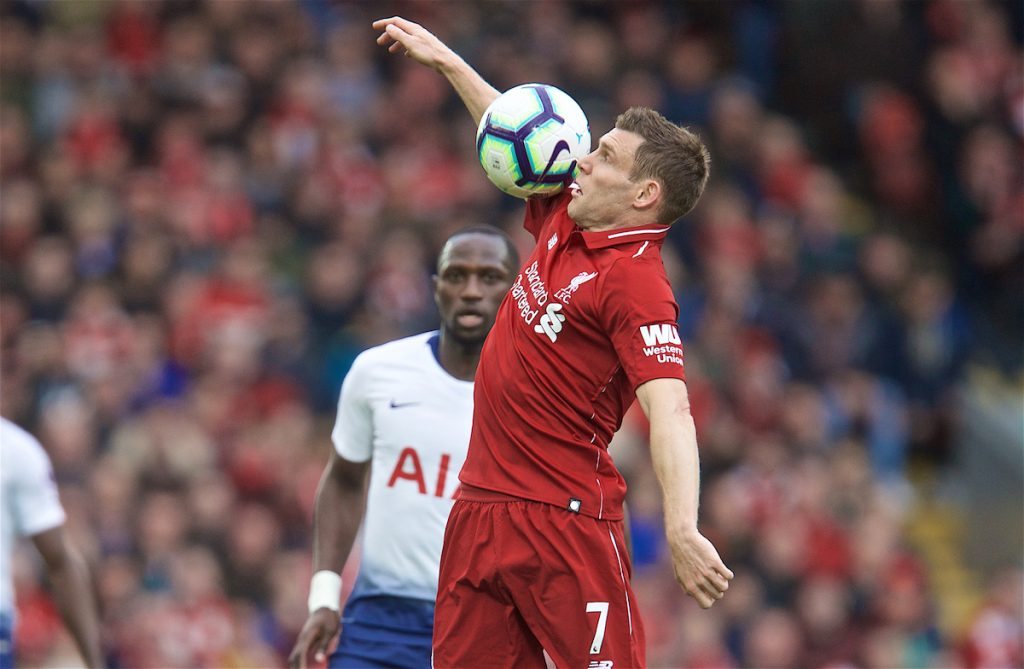 LIVERPOOL, ENGLAND - Sunday, March 31, 2019: Liverpool's James Milner during the FA Premier League match between Liverpool FC and Tottenham Hotspur FC at Anfield. (Pic by David Rawcliffe/Propaganda)