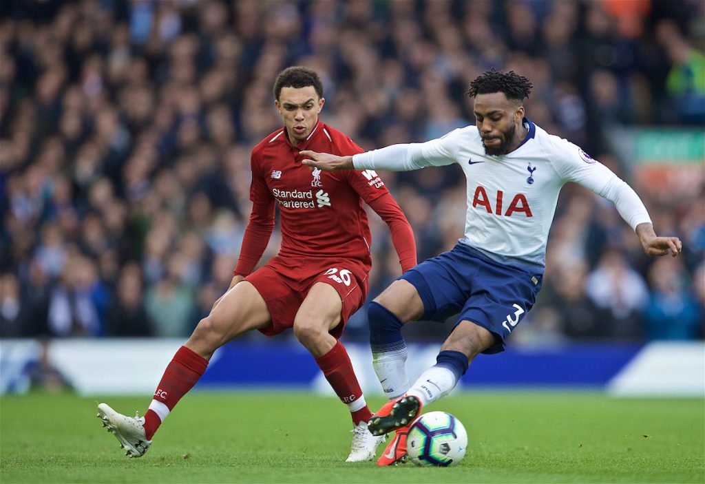 LIVERPOOL, ENGLAND - Sunday, March 31, 2019: Liverpool's Trent Alexander-Arnold (L) and Tottenham Hotspur's Danny Rose during the FA Premier League match between Liverpool FC and Tottenham Hotspur FC at Anfield. (Pic by David Rawcliffe/Propaganda)