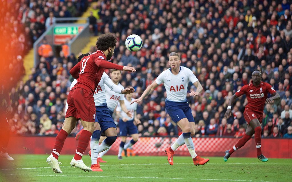 LIVERPOOL, ENGLAND - Sunday, March 31, 2019: Liverpool's Mohamed Salah heads toward the Tottenham Hotspur goal and forces an own-goal to seal a 2-1 victory during the FA Premier League match between Liverpool FC and Tottenham Hotspur FC at Anfield. (Pic by David Rawcliffe/Propaganda)