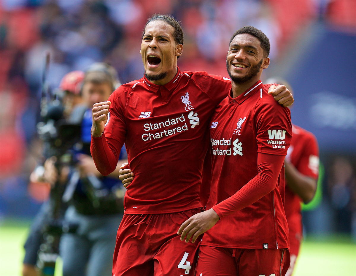 LONDON, ENGLAND - Saturday, September 15, 2018: Liverpool's Virgil van Dijk (left) and Joe Gomez celebrate after the FA Premier League match between Tottenham Hotspur FC and Liverpool FC at Wembley Stadium. Liverpool won 2-1. (Pic by David Rawcliffe/Propaganda)