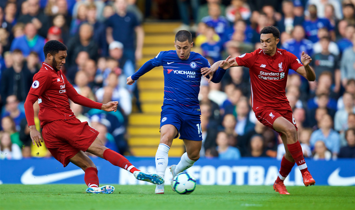 LONDON, ENGLAND - Saturday, September 29, 2018: Liverpool's Joe Gomez (left) and Trent Alexander-Arnold (right) tackle Eden Hazard (centre) during the FA Premier League match between Chelsea FC and Liverpool FC at Stamford Bridge. (Pic by David Rawcliffe/Propaganda)