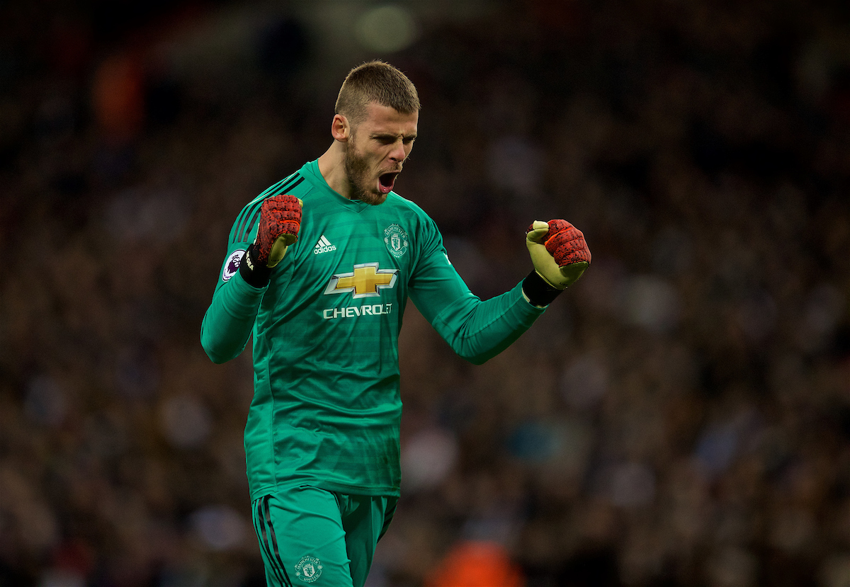 LONDON, ENGLAND - Sunday, January 13, 2019: Manchester United's goalkeeper David de Gea celebrates his side's opening goal during the FA Premier League match between Tottenham Hotspur FC and Manchester United FC at Wembley Stadium. (Pic by David Rawcliffe/Propaganda)