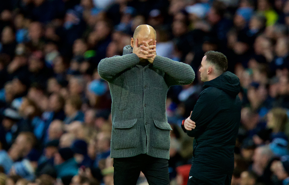 MANCHESTER, ENGLAND - Saturday, March 9, 2019: Manchester City's manager Pep Guardiola looks dejected during the FA Premier League match between Manchester City FC and Watford FC at City of Manchester Stadium. (Pic by David Rawcliffe/Propaganda)