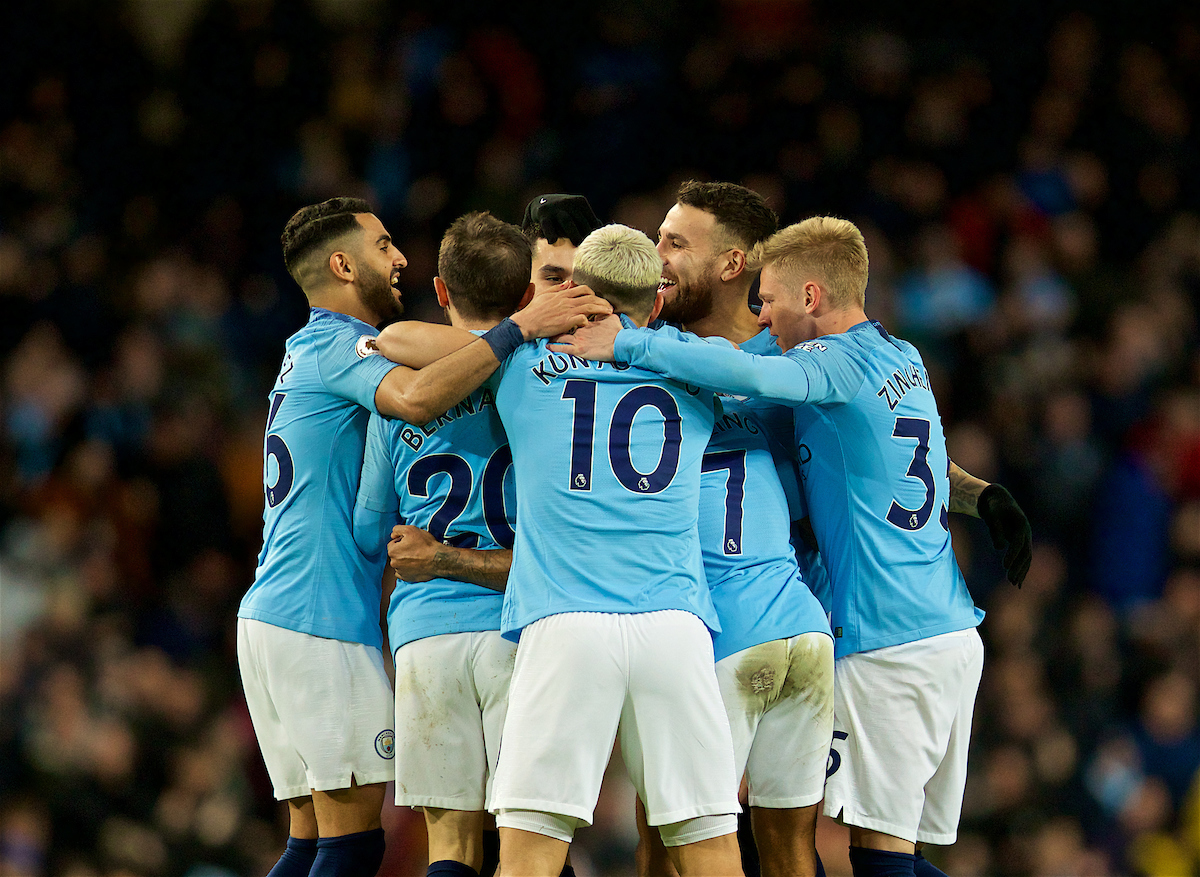 MANCHESTER, ENGLAND - Saturday, March 9, 2019: Manchester City's Raheem Sterling celebrates scoring the first goal during the FA Premier League match between Manchester City FC and Watford FC at City of Manchester Stadium. (Pic by David Rawcliffe/Propaganda)