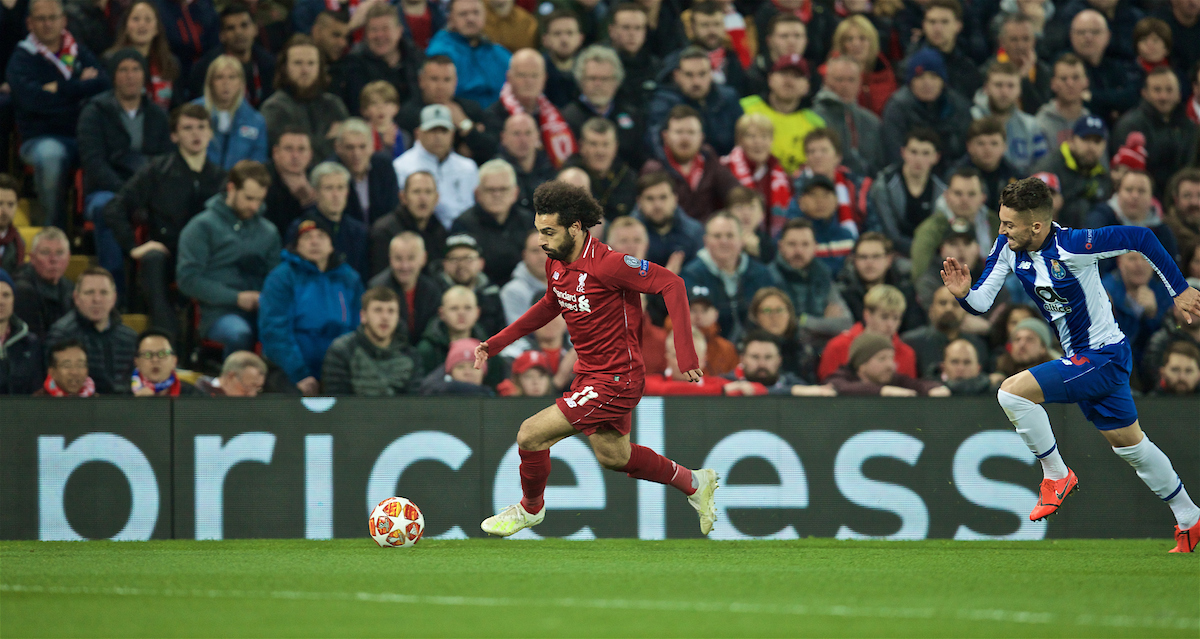 LIVERPOOL, ENGLAND - Tuesday, April 9, 2019: Priseless... Liverpool's Mohamed Salah during the UEFA Champions League Quarter-Final 1st Leg match between Liverpool FC and FC Porto at Anfield. (Pic by David Rawcliffe/Propaganda)