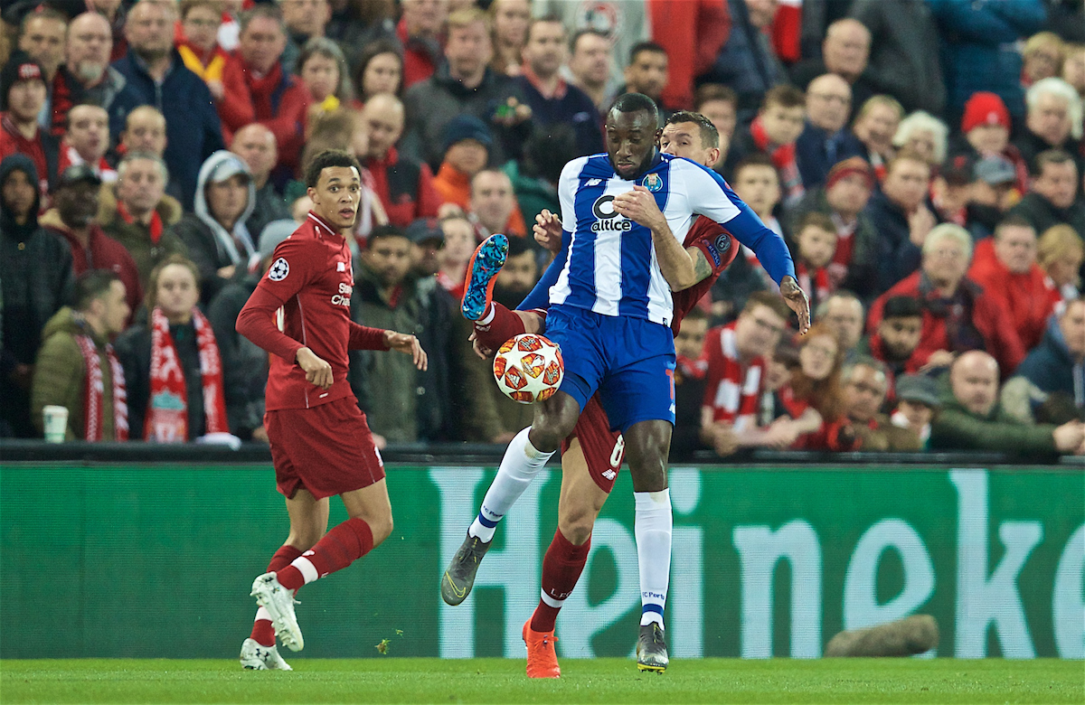 LIVERPOOL, ENGLAND - Tuesday, April 9, 2019: FC Porto's Moussa Marega (L) and Dejan Lovren during the UEFA Champions League Quarter-Final 1st Leg match between Liverpool FC and FC Porto at Anfield. (Pic by David Rawcliffe/Propaganda)