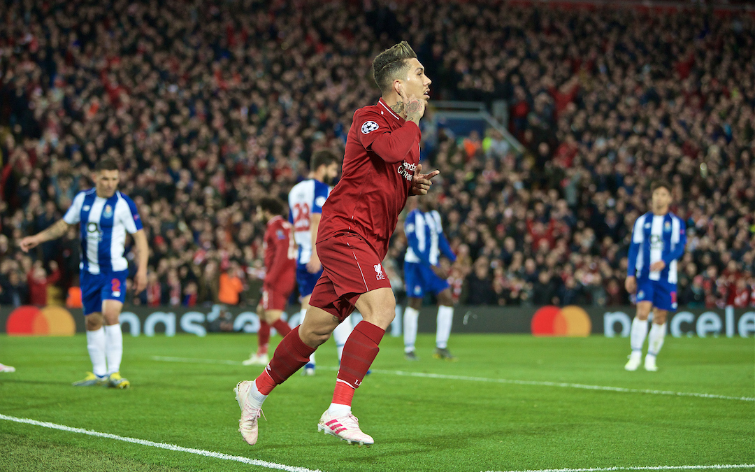 LIVERPOOL, ENGLAND - Tuesday, April 9, 2019: Liverpool's Roberto Firmino celebrates scoring the second goal during the UEFA Champions League Quarter-Final 1st Leg match between Liverpool FC and FC Porto at Anfield. (Pic by David Rawcliffe/Propaganda)