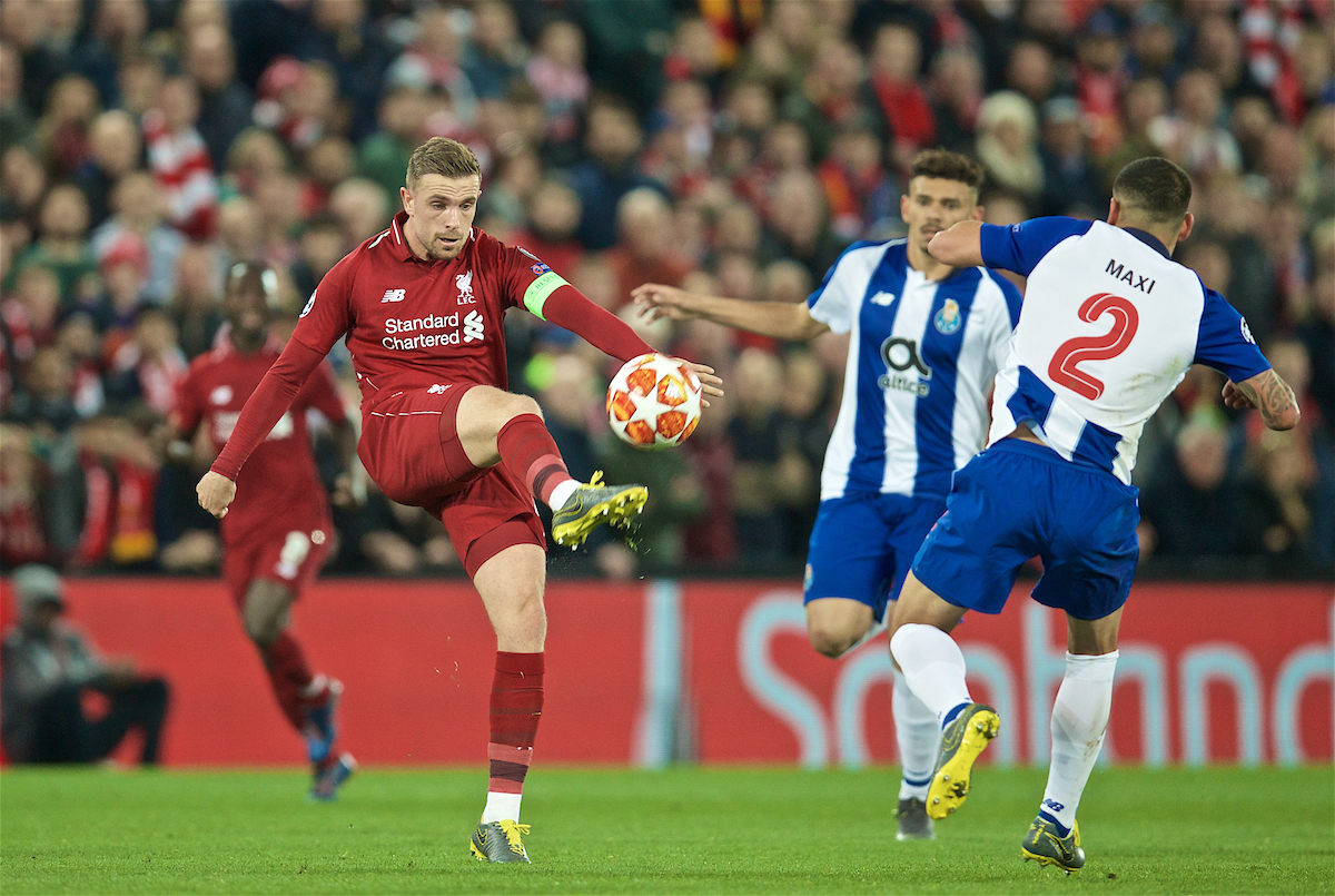 LIVERPOOL, ENGLAND - Tuesday, April 9, 2019: Liverpool's captain Jordan Henderson during the UEFA Champions League Quarter-Final 1st Leg match between Liverpool FC and FC Porto at Anfield. (Pic by David Rawcliffe/Propaganda)