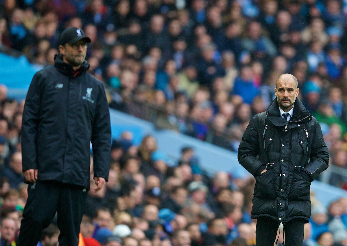 MANCHESTER, ENGLAND - Sunday, March 19, 2017: Manchester City's manager Pep Guardiola and Liverpool's manager Jürgen Klopp during the FA Premier League match at the City of Manchester Stadium. (Pic by David Rawcliffe/Propaganda)
