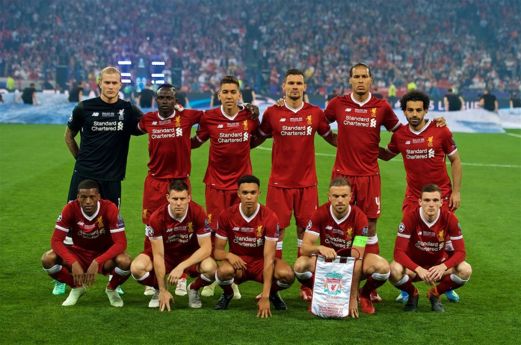 KIEV, UKRAINE - Saturday, May 26, 2018: Liverpool's players line-up for a team group photograph before the UEFA Champions League Final match between Real Madrid CF and Liverpool FC at the NSC Olimpiyskiy. Back row L-R: goalkeeper Loris Karius, Sadio Mane, Roberto Firmino, Dejan Lovren, Virgil van Dijk, Mohamed Salah. Front row L-R: Georginio Wijnaldum, James Milner, Trent Alexander-Arnold, captain Jordan Henderson, Andy Robertson. (Pic by Peter Powell/Propaganda)