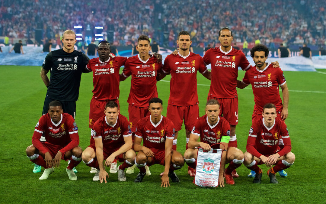 KIEV, UKRAINE - Saturday, May 26, 2018: Liverpool's players line-up for a team group photograph before the UEFA Champions League Final match between Real Madrid CF and Liverpool FC at the NSC Olimpiyskiy. Back row L-R: goalkeeper Loris Karius, Sadio Mane, Roberto Firmino, Dejan Lovren, Virgil van Dijk, Mohamed Salah. Front row L-R: Georginio Wijnaldum, James Milner, Trent Alexander-Arnold, captain Jordan Henderson, Andy Robertson.