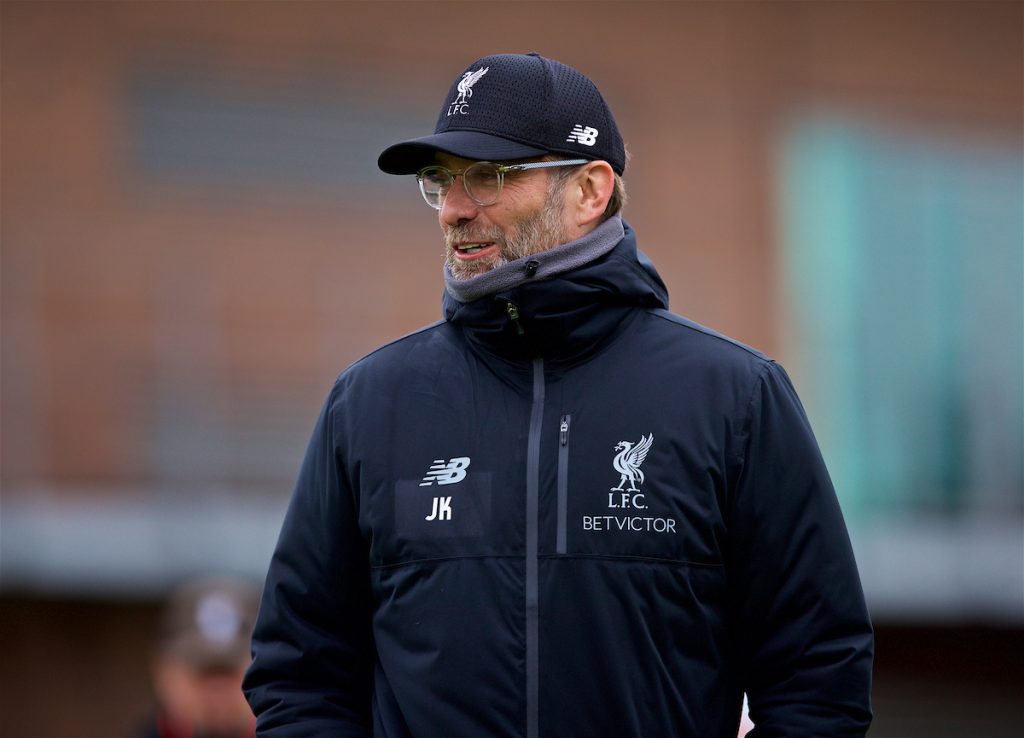 LIVERPOOL, ENGLAND - Tuesday, March 12, 2019: Liverpool's manager Jürgen Klopp during a training session at Melwood Training Ground ahead of the UEFA Champions League Round of 16 1st Leg match between FC Bayern München and Liverpool FC. (Pic by Laura Malkin/Propaganda)