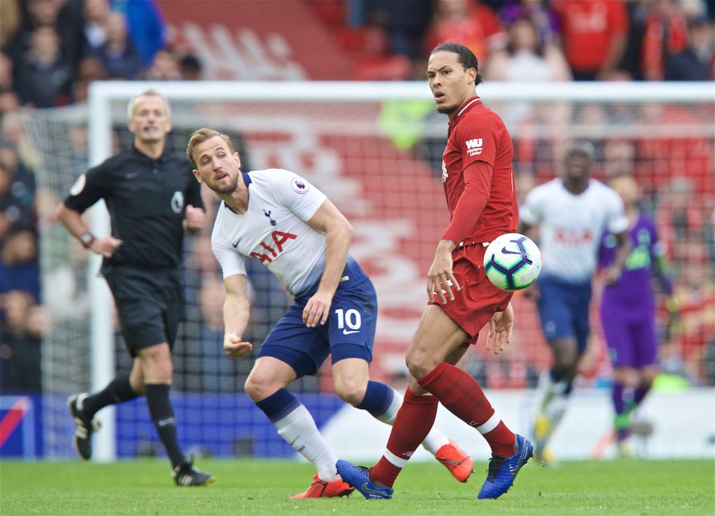 LIVERPOOL, ENGLAND - Sunday, March 31, 2019: Tottenham Hotspur's Harry Kane (L) and Virgil van Dijk during the FA Premier League match between Liverpool FC and Tottenham Hotspur FC at Anfield. (Pic by David Rawcliffe/Propaganda)