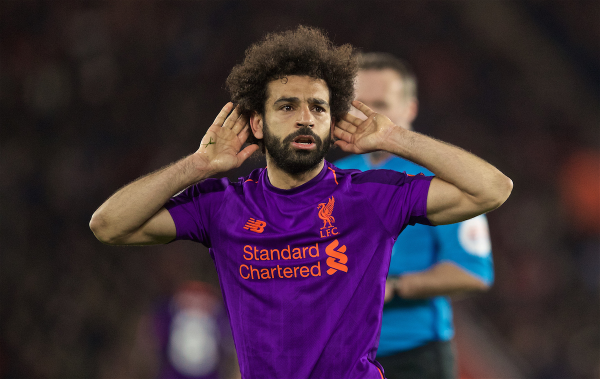 SOUTHAMPTON, ENGLAND - Friday, April 5, 2019: Liverpool's Mohamed Salah celebrates scoring the second goal during the FA Premier League match between Southampton FC and Liverpool FC at the St. Mary's Stadium. (Pic by David Rawcliffe/Propaganda)