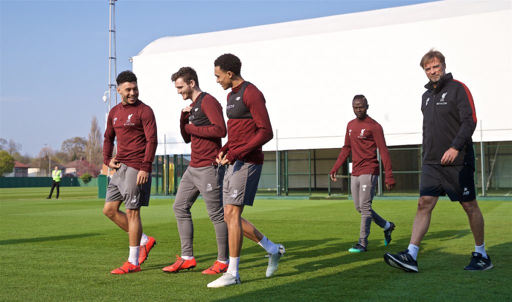 LIVERPOOL, ENGLAND - Monday, April 8, 2019: Liverpool's Alex Oxlade-Chamberlain, Andy Robertson, Trent Alexander-Arnold, Sadio Mane and manager Jürgen Klopp during a training session at Melwood Training Ground ahead of the UEFA Champions League Quarter-Final 1st Leg match between Liverpool FC and FC Porto. (Pic by David Rawcliffe/Propaganda)