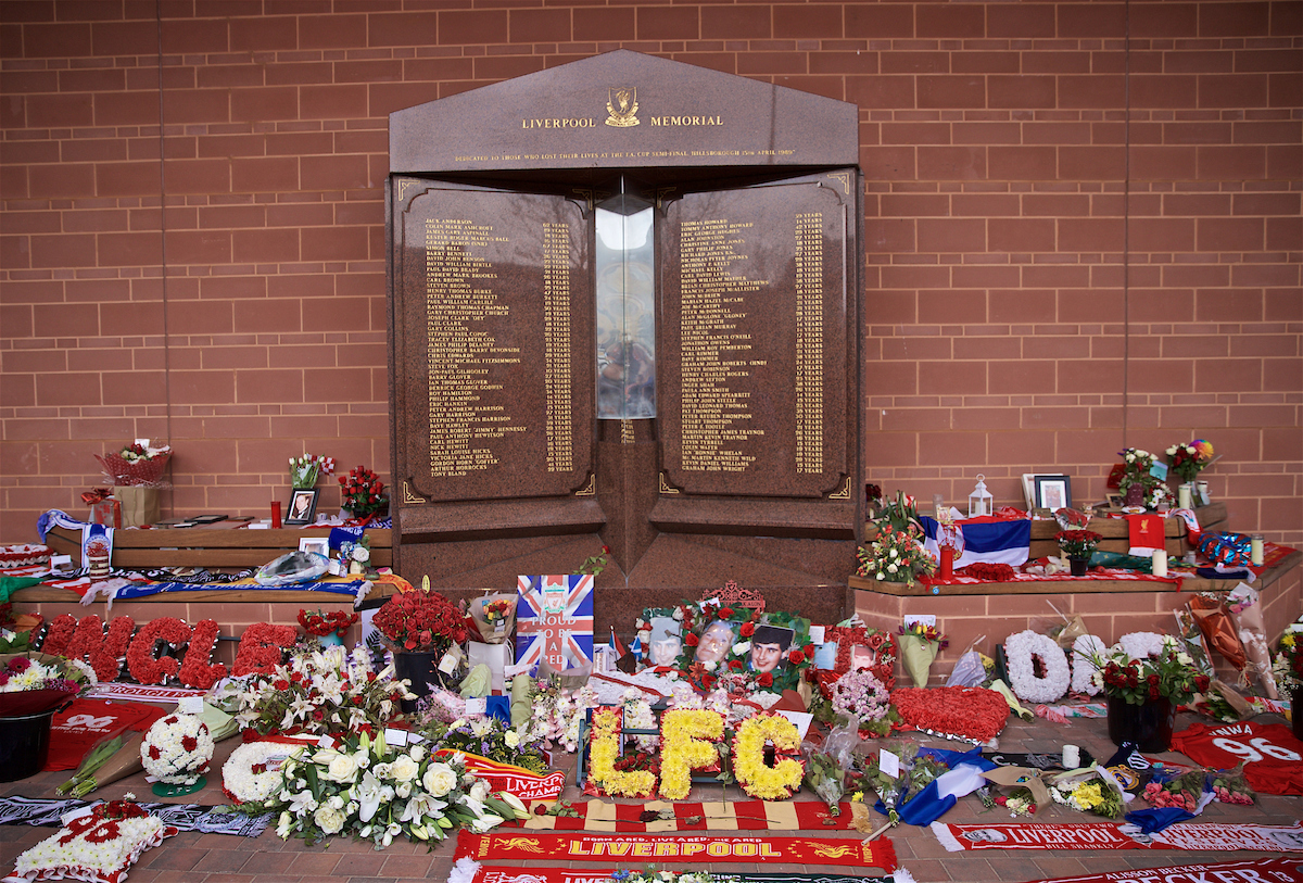 LIVERPOOL, ENGLAND - Sunday, April 14, 2019: Flowers and tributes left by supporters at the memorial to the 96 victims of the Hillsborough Stadium Disaster, the 15th of April marks the 30th anniversary of the disaster, pictured before the FA Premier League match between Liverpool FC and Chelsea FC at Anfield. (Pic by David Rawcliffe/Propaganda)
