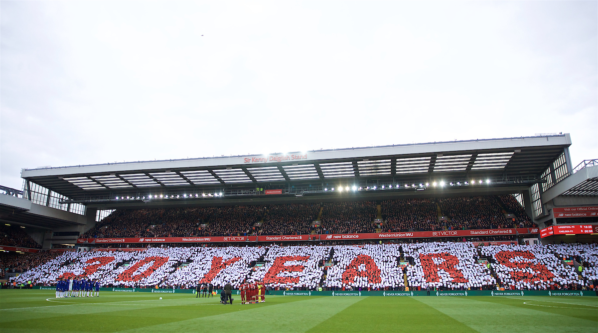 LIVERPOOL, ENGLAND - Sunday, April 14, 2019: Liverpool supporters form a mosaic to remember 30 years since the Hillsborough Stadium Disaster before the FA Premier League match between Liverpool FC and Chelsea FC at Anfield. (Pic by David Rawcliffe/Propaganda)