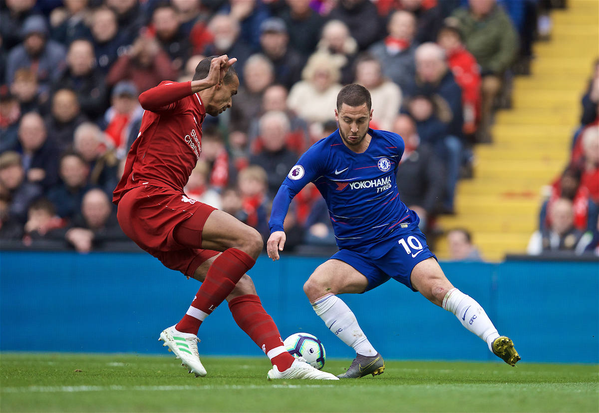 LIVERPOOL, ENGLAND - Sunday, April 14, 2019: Chelsea's Eden Hazard (R) and Liverpool's Joel Matip during the FA Premier League match between Liverpool FC and Chelsea FC at Anfield. (Pic by David Rawcliffe/Propaganda)