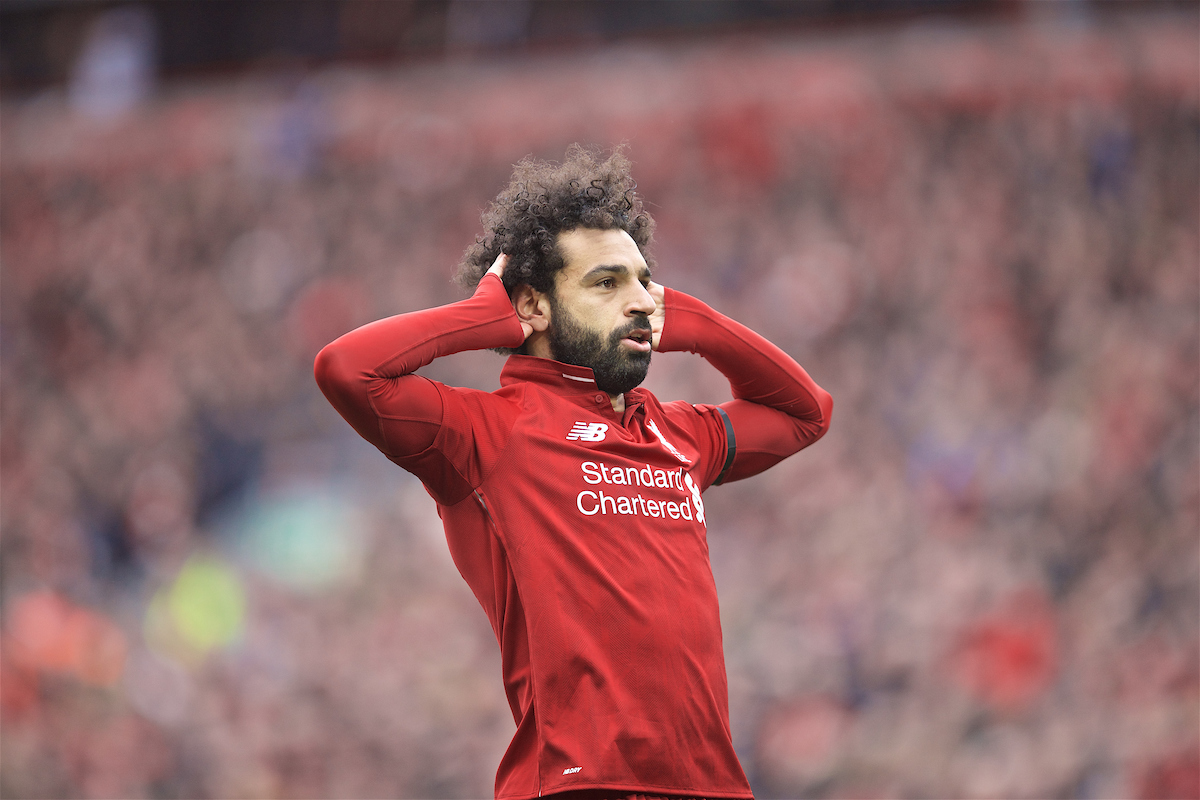 LIVERPOOL, ENGLAND - Sunday, April 14, 2019: Liverpool's Mohamed Salah celebrates scoring the second goal during the FA Premier League match between Liverpool FC and Chelsea FC at Anfield. (Pic by David Rawcliffe/Propaganda)