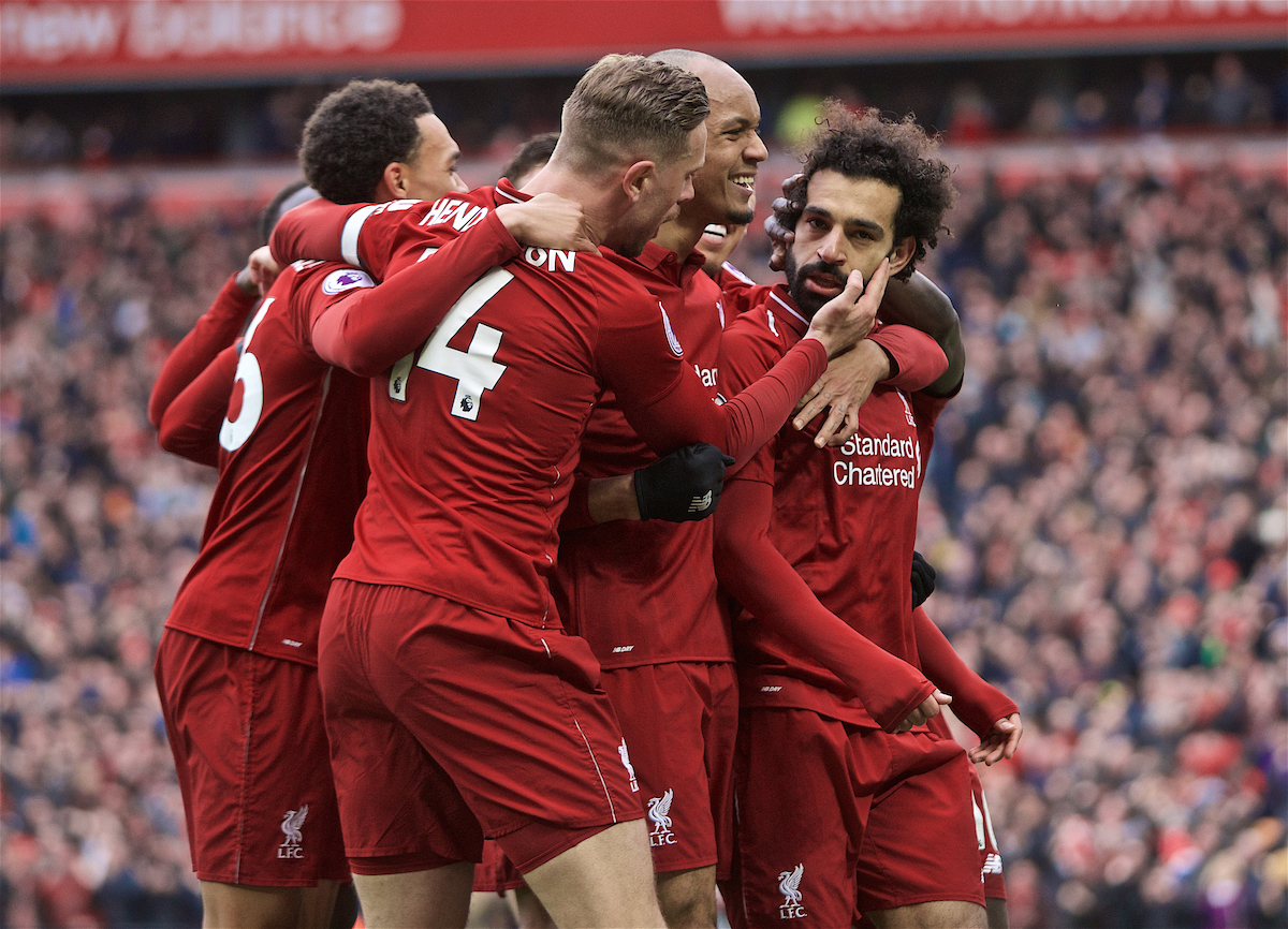 LIVERPOOL, ENGLAND - Sunday, April 14, 2019: Liverpool's Mohamed Salah celebrates scoring the second goal during the FA Premier League match between Liverpool FC and Chelsea FC at Anfield. (Pic by David Rawcliffe/Propaganda)