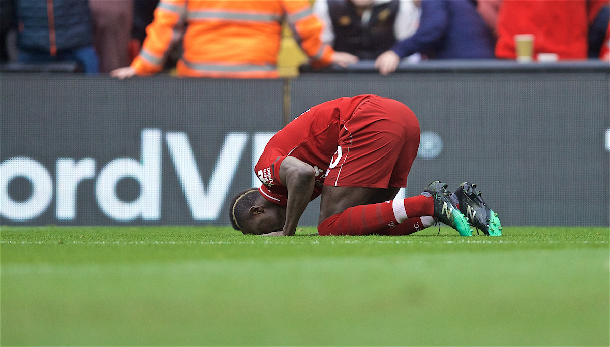LIVERPOOL, ENGLAND - Sunday, April 14, 2019: Liverpool's Sadio Mane celebrates scoring the first goal during the FA Premier League match between Liverpool FC and Chelsea FC at Anfield. (Pic by David Rawcliffe/Propaganda)