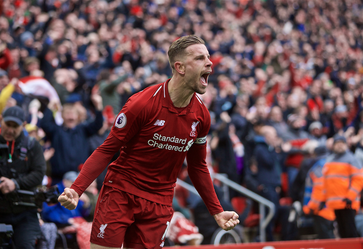 LIVERPOOL, ENGLAND - Sunday, April 14, 2019: Liverpool's captain Jordan Henderson celebrates his side's first goal during the FA Premier League match between Liverpool FC and Chelsea FC at Anfield. (Pic by David Rawcliffe/Propaganda)