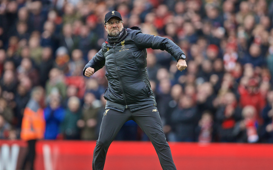 LIVERPOOL, ENGLAND - Sunday, April 14, 2019: Liverpool's manager J¸rgen Klopp celebrates after his side's 2-0 victory during the FA Premier League match between Liverpool FC and Chelsea FC at Anfield. (Pic by David Rawcliffe/Propaganda)