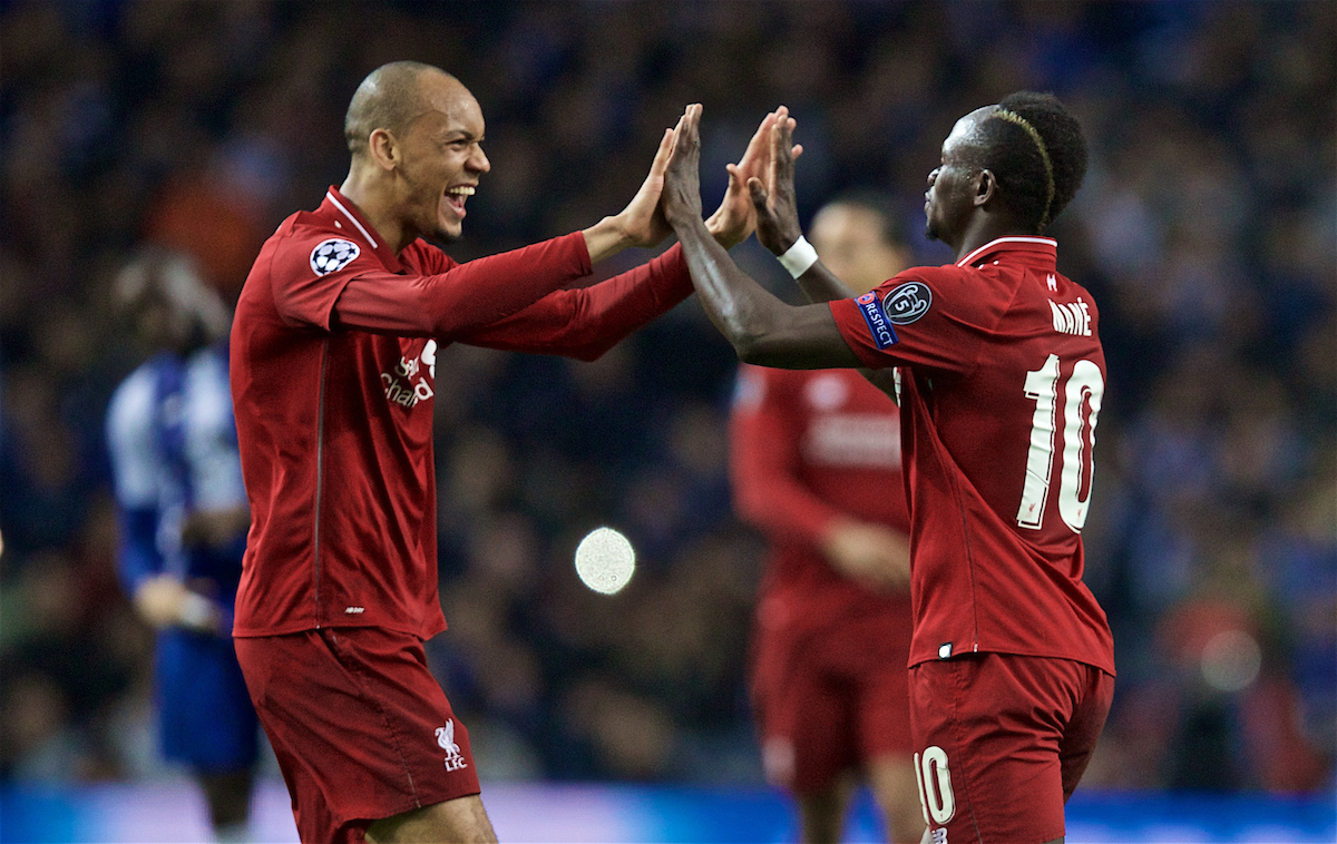 PORTO, PORTUGAL - Wednesday, April 17, 2019: Liverpool's Sadio Mane (R) celebrates scoring the first goal with team-mate Fabio Henrique Tavares 'Fabinho' during the UEFA Champions League Quarter-Final 2nd Leg match between FC Porto and Liverpool FC at Estádio do Dragão. (Pic by David Rawcliffe/Propaganda)