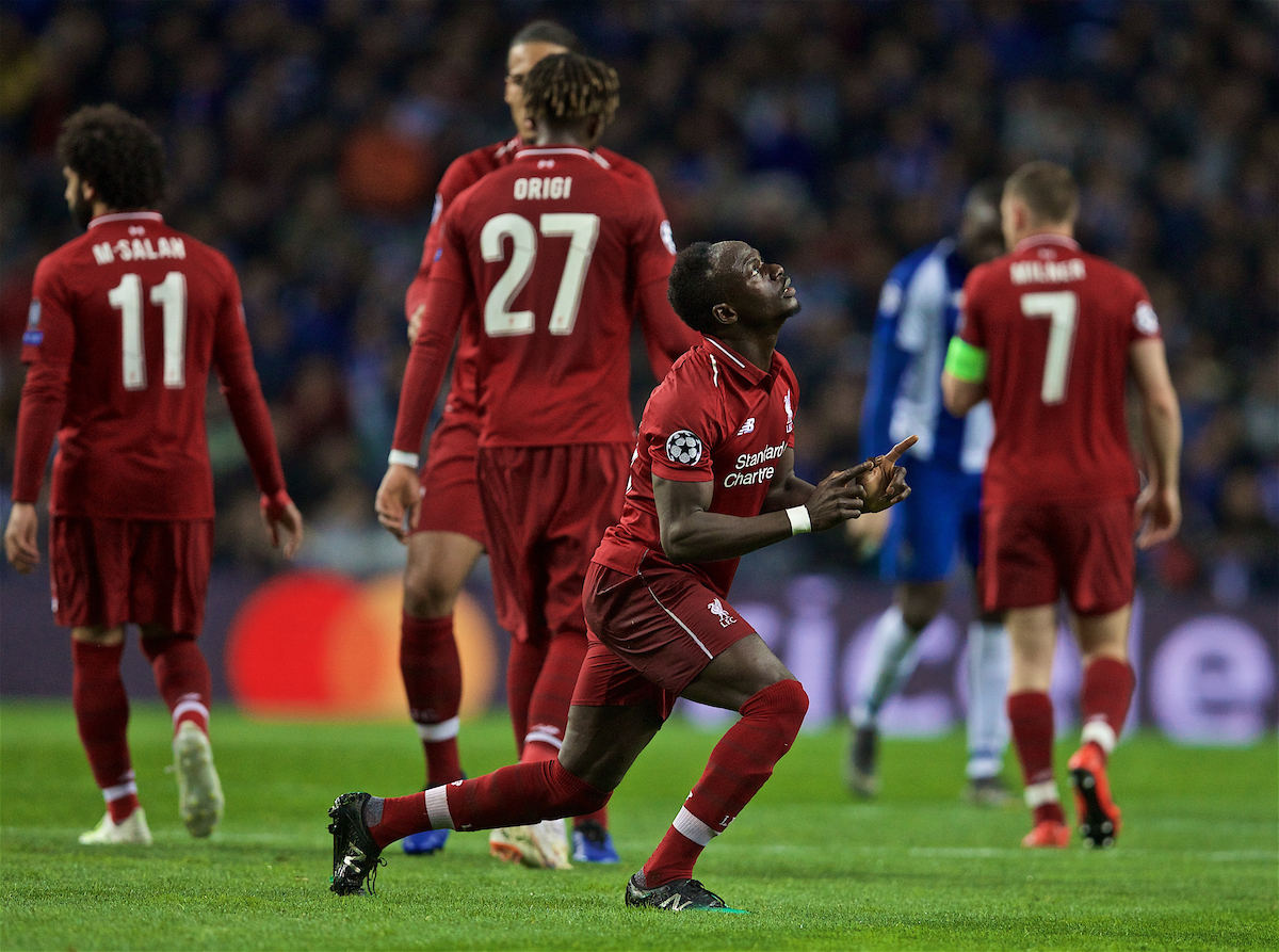 PORTO, PORTUGAL - Wednesday, April 17, 2019: Liverpool's Sadio Mane celebrates scoring the first goal during the UEFA Champions League Quarter-Final 2nd Leg match between FC Porto and Liverpool FC at Estádio do Dragão. (Pic by David Rawcliffe/Propaganda)