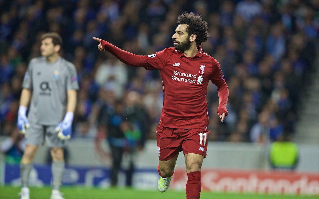 PORTO, PORTUGAL - Wednesday, April 17, 2019: Liverpool's Mohamed Salah celebrates scoring the second goal during the UEFA Champions League Quarter-Final 2nd Leg match between FC Porto and Liverpool FC at Est·dio do Drag„o. (Pic by David Rawcliffe/Propaganda)