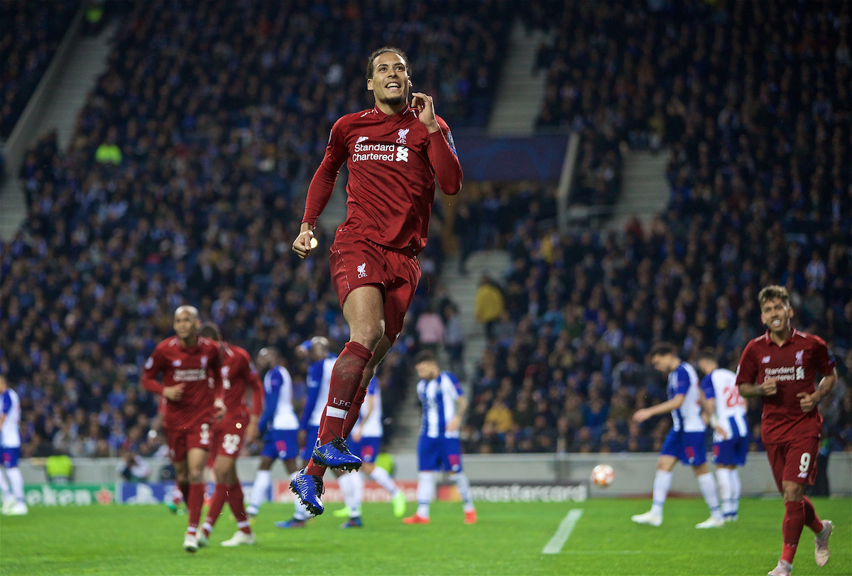 PORTO, PORTUGAL - Wednesday, April 17, 2019: Liverpool's Virgil van Dijk celebrates scoring the fourth goal during the UEFA Champions League Quarter-Final 2nd Leg match between FC Porto and Liverpool FC at Estádio do Dragão. (Pic by David Rawcliffe/Propaganda)