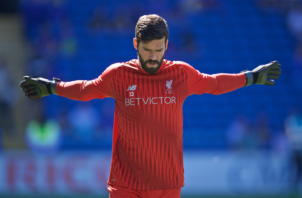 CARDIFF, WALES - Saturday, April 20, 2019: Liverpool's goalkeeper Alisson Becker during the pre-match warm-up before the FA Premier League match between Cardiff City FC and Liverpool FC at the Cardiff City Stadium. (Pic by David Rawcliffe/Propaganda)