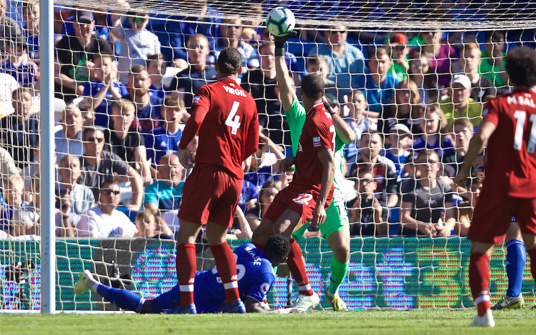 CARDIFF, WALES - Saturday, April 20, 2019: Liverpool's goalkeeper Alisson Becker makes a save during the FA Premier League match between Cardiff City FC and Liverpool FC at the Cardiff City Stadium. (Pic by David Rawcliffe/Propaganda)