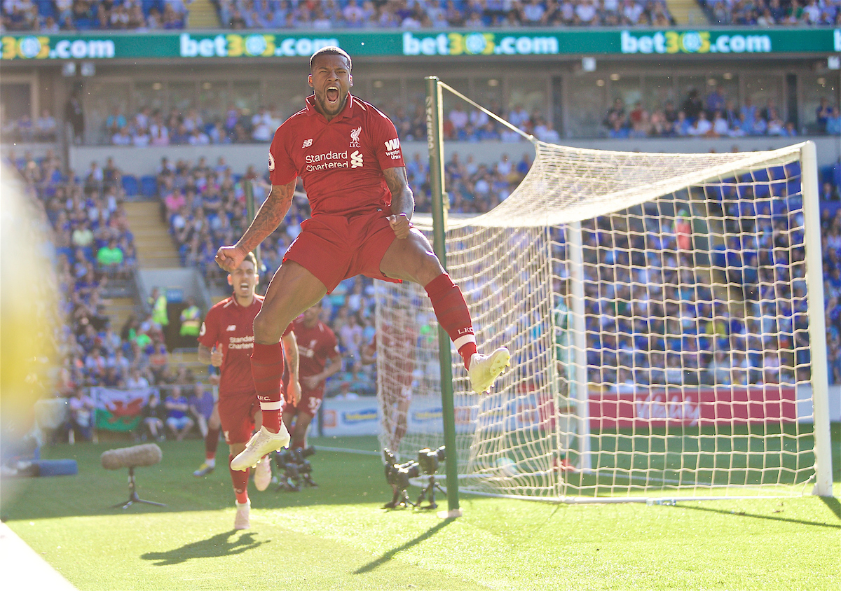 CARDIFF, WALES - Saturday, April 20, 2019: Liverpool's Georginio Wijnaldum celebrates scoring the first goal during the FA Premier League match between Cardiff City FC and Liverpool FC at the Cardiff City Stadium. (Pic by David Rawcliffe/Propaganda)