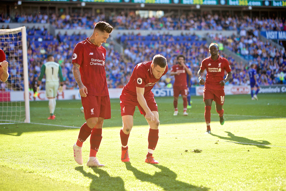 CARDIFF, WALES - Saturday, April 20, 2019: Liverpool's captain James Milner celebrates scoring the second goal from a penalty kick  during the FA Premier League match between Cardiff City FC and Liverpool FC at the Cardiff City Stadium. (Pic by David Rawcliffe/Propaganda)